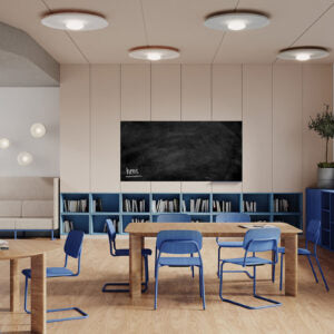 Lifestyle image of blue and wooden Bejot Hens chairs in a meeting room with blackboard