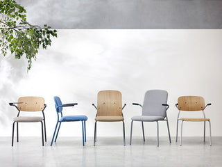 Bejot Hens chairs in wood, blue and grey side by side