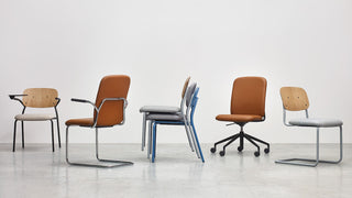 Bejot Hens family with cantilever chair, stacked chairs, swivel chair and oak chair