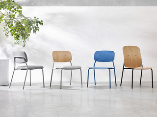 Four Bejot Hens chairs in grey, wood, blue and oak
