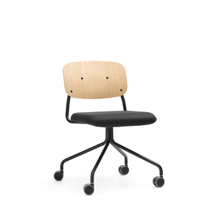 Bejot Hens swivel chair with oak back and black seat on castors, front view