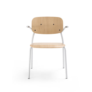 Bejot Hens chair in oak with armrests and white frame, front view