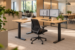 Sfeerbeeld van het Buronomic Alto zit-sta bureau met aanbouw links in eikendecor met twee schermen