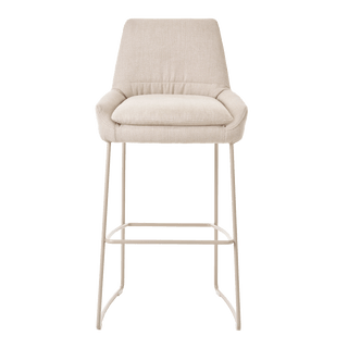 Mobitec Saga C1310 bar stool in ecru fabric with white sled frame, front view