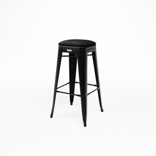 Zwarte Flexfurn Tolix Style barkruk met zitkussen in Velvet Black, vooraanzicht