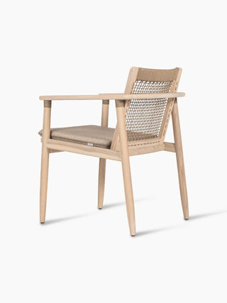 Vincent Sheppard David dining armchair in aged teak with cushion, three-quarter view