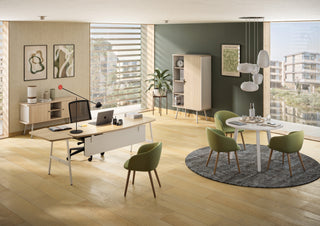 Lifestyle image of a Buronomic Alto hinged door cabinet in white and wire oak in a bright office