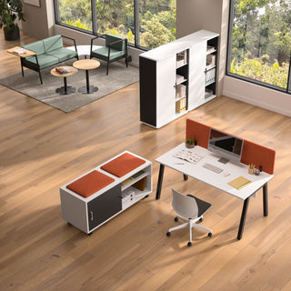 Lifestyle image of Buronomic Alto 146 cm cabinets in black and white in a bright office, seen from above