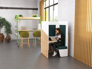 Buronomic Calme workstation pod with bench in Timber, white and petrol blue