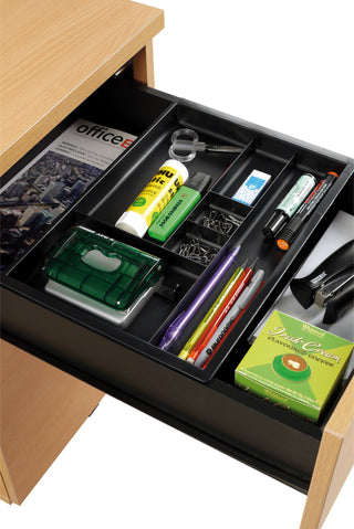 Caisson hauteur bureau Buronomic Comfort en hêtre avec tiroir ouvert et plumier