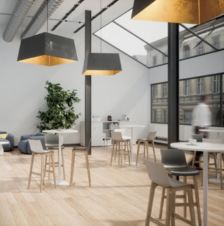 Buronomic Détente round high tables in white, side view