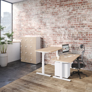 Lifestyle image of a Buronomic Locker Eko 12-compartment locker in wire oak against a brick wall
