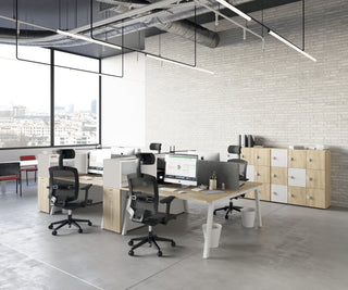 Lifestyle image of Buronomic Locker Eko lockers in white and Nebraska in an industrial open office
