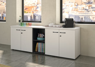 White Buronomic Quietude 72 cm storage combination with black open column under the window