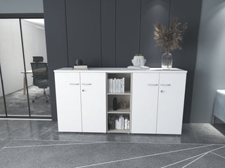 Lifestyle image of a white Buronomic Quietude storage combination with open central column in a grey room