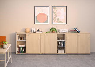 Armoires coulissantes Buronomic Quietude H104 en wire oak à poignée design blanche et niches