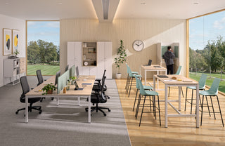 Lifestyle image of Buronomic Quietude storage with alcove in white and wire oak in a bright open office