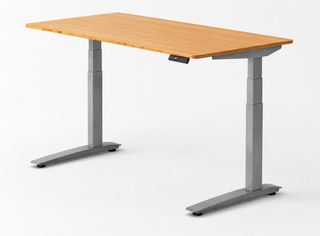 Jaswig elektrisch zit-sta bureau met bamboe blad en blauw onderstel met driekolomspoot