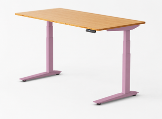 Jaswig elektrisch zit-sta bureau met bamboe blad en blauw onderstel met driekolomspoot