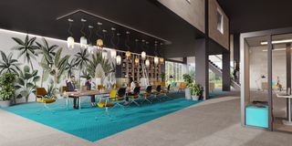 Lifestyle image of a König + Neurath conference room with long table, plants and turquoise carpet
